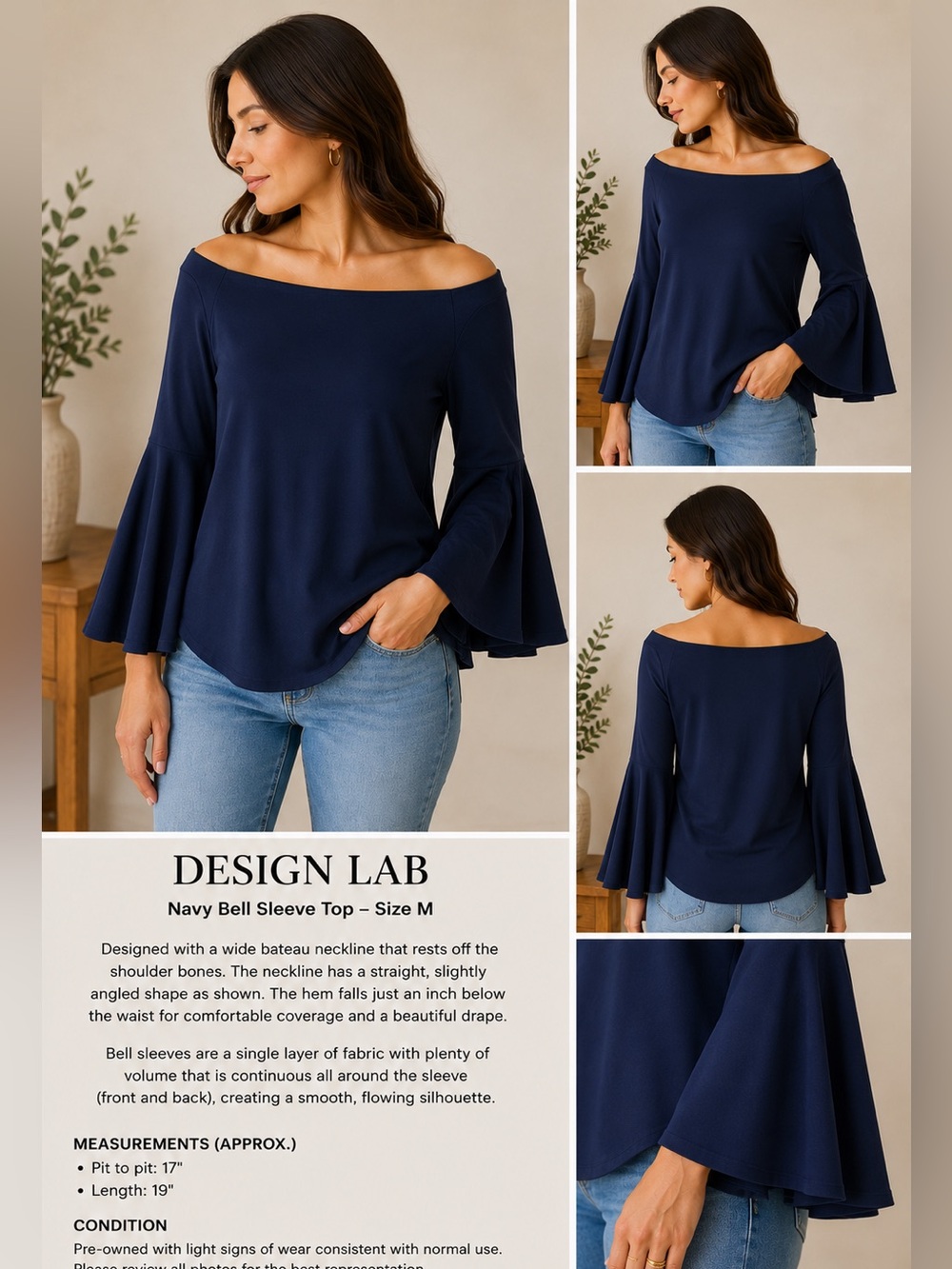 Design Lab Navy Bell Sleeve Top – Size M